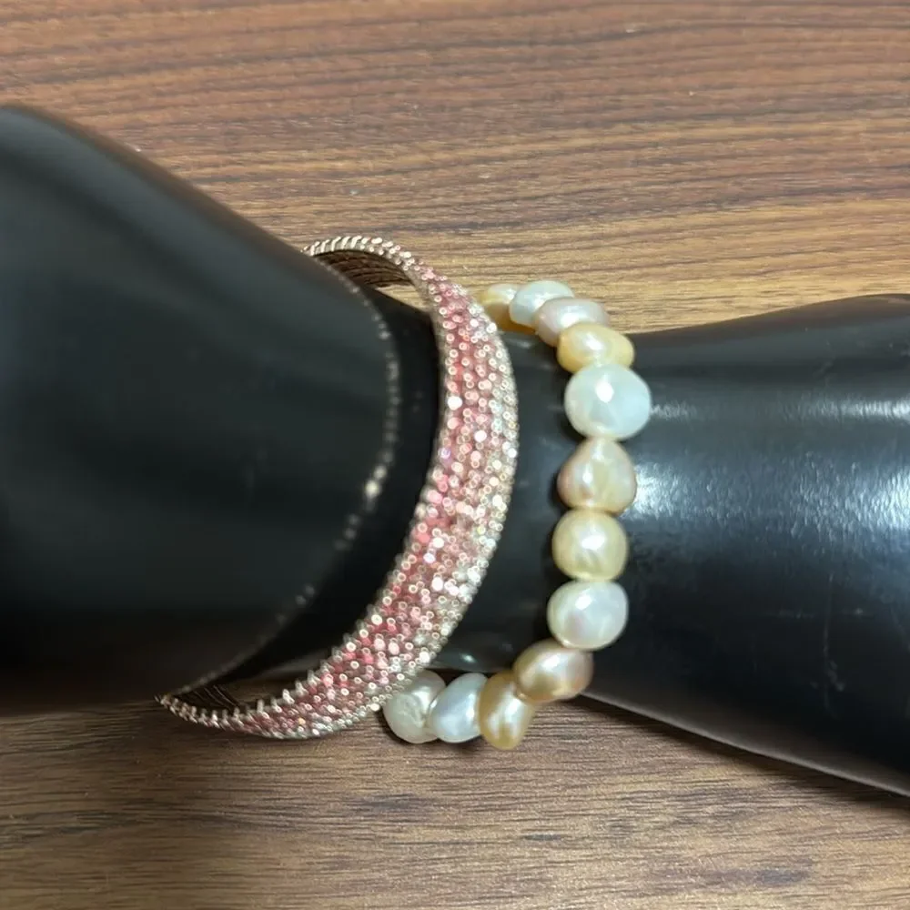Set of 2 Bracelets. Freshwater Pearls & Pink Rhinestones.